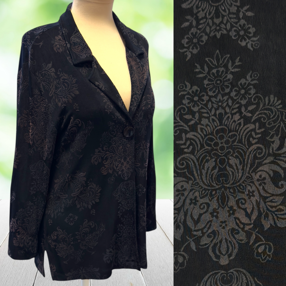 Vintage CHICOS Travelers Jacket Black Slinky Damask Notch Collar USA Size 1 (M)